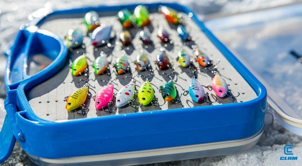 walleye fishing lures displayed in a case